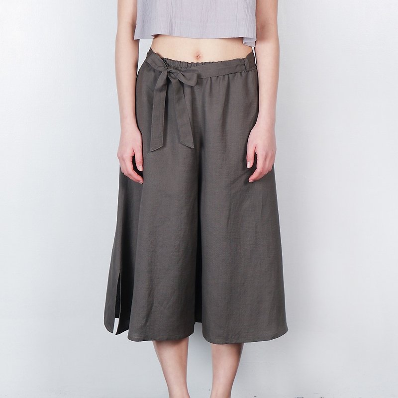 On the side of the ankle strap wide pants gray - Women's Pants - Cotton & Hemp Gray