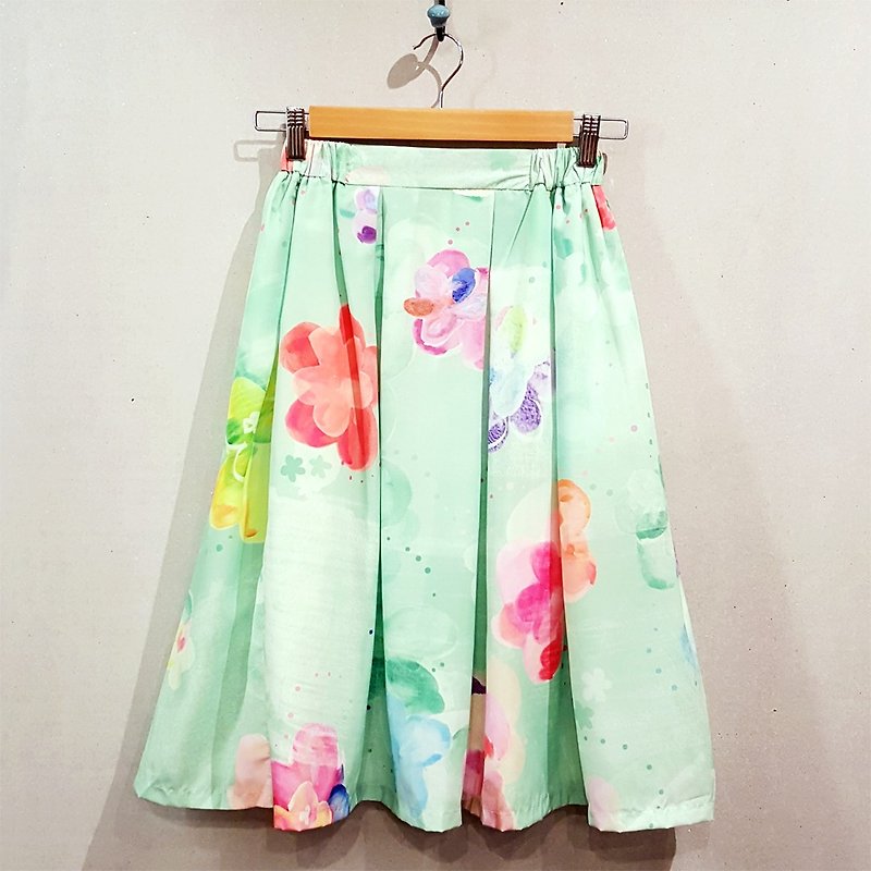 漂游之河 及膝裙+同款紙膠帶 - 裙子/長裙 - 絲．絹 綠色