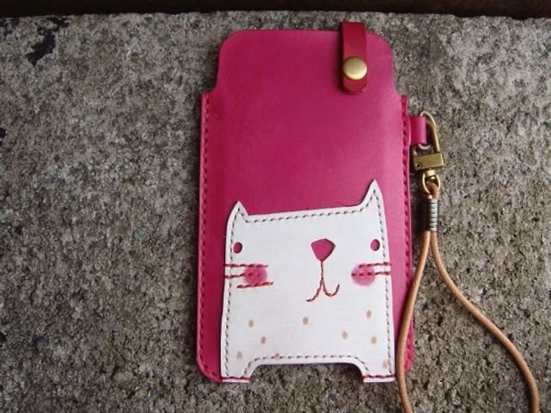 [ISSIS] Handmade mobile phone holster with pink collage little white cat - Other - Genuine Leather Pink