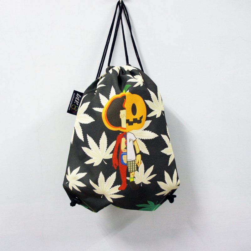 BLR ハンドメイドプリント巾着タイプリュック - Drawstring Bags - Other Materials Black