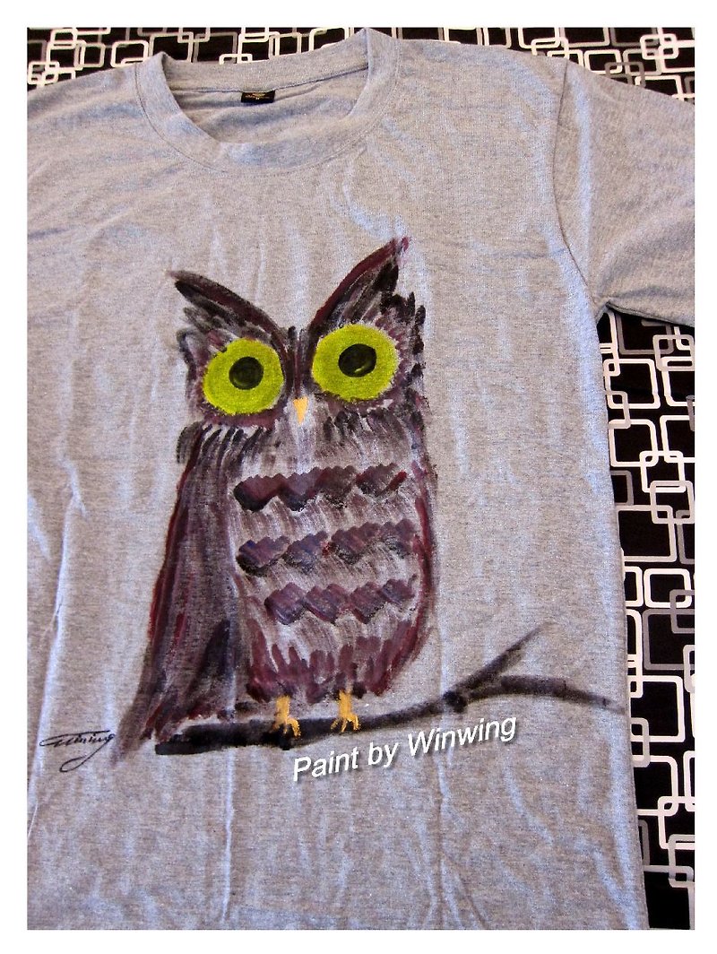 Dad Owl-Winwing Hand-painted Clothes - เสื้อยืดผู้หญิง - ผ้าฝ้าย/ผ้าลินิน 