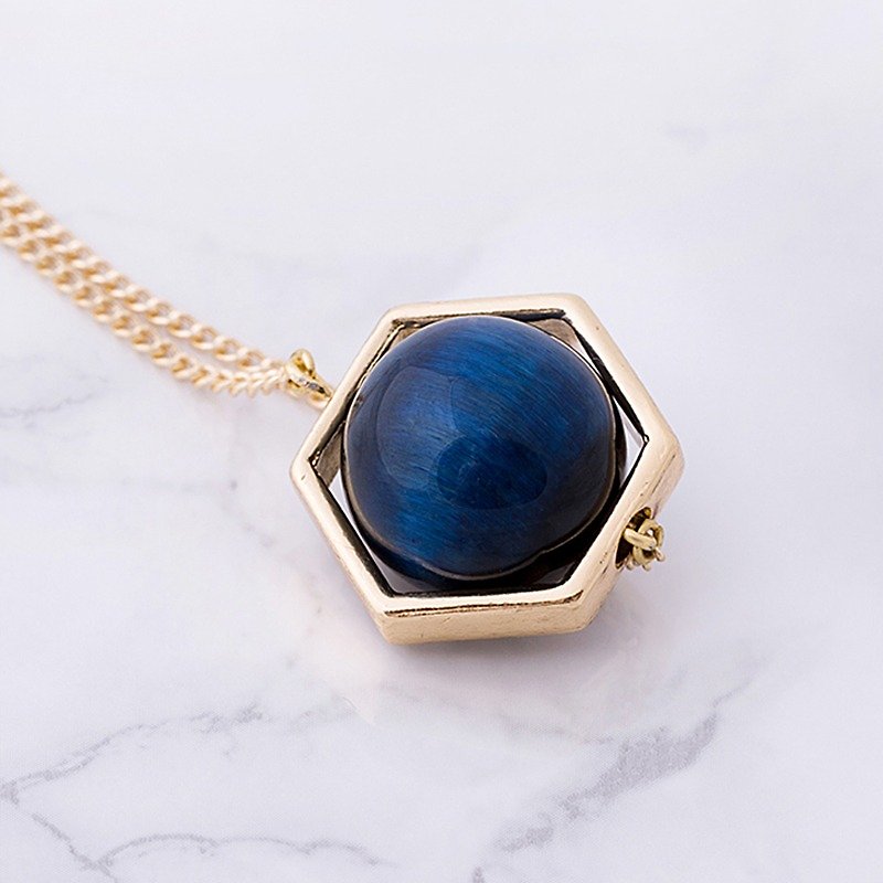 ESCA • Planet series DARK BLUE blue tiger eye Stone necklace - Necklaces - Gemstone Gold