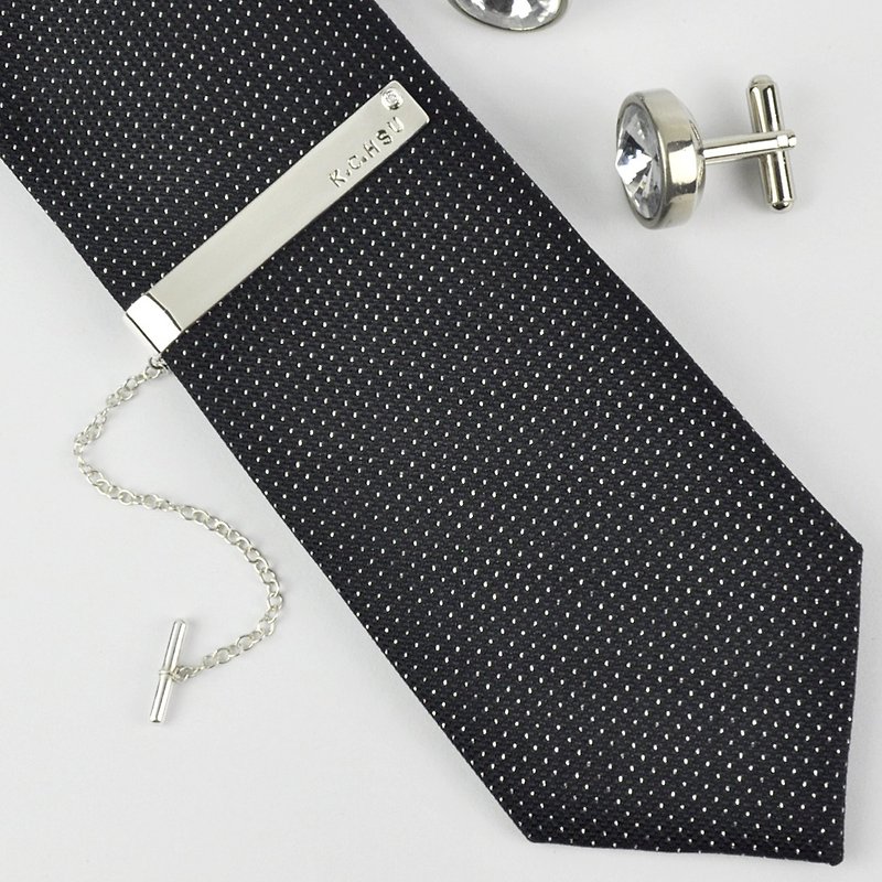 素面單鑽領帶夾 英文鋼印打字 925純銀 - 領帶/領帶夾 - 純銀 銀色
