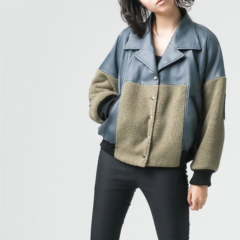 【JACKET】Leather velvet stitching short jacket - เสื้อแจ็คเก็ต - วัสดุอื่นๆ สีเทา