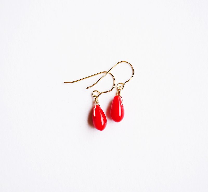 Natural Red Coral Water Drop Earrings All-match Customized Gift Light Jewelry 14K - ต่างหู - วัสดุอื่นๆ สีแดง