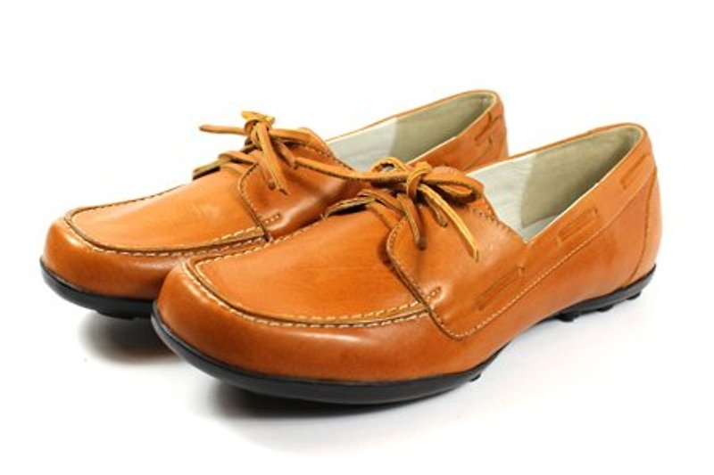 綁帶棕｜俏皮帆船鞋(現有尺寸為40#) - 男休閒鞋 - 真皮 咖啡色