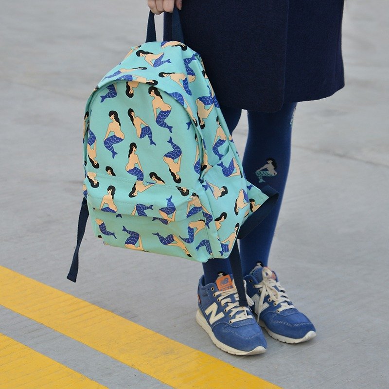 YIZISTORE after printing canvas shoulder bag backpack shoulder bag - Blue Mermaid - กระเป๋าเป้สะพายหลัง - วัสดุอื่นๆ สีน้ำเงิน