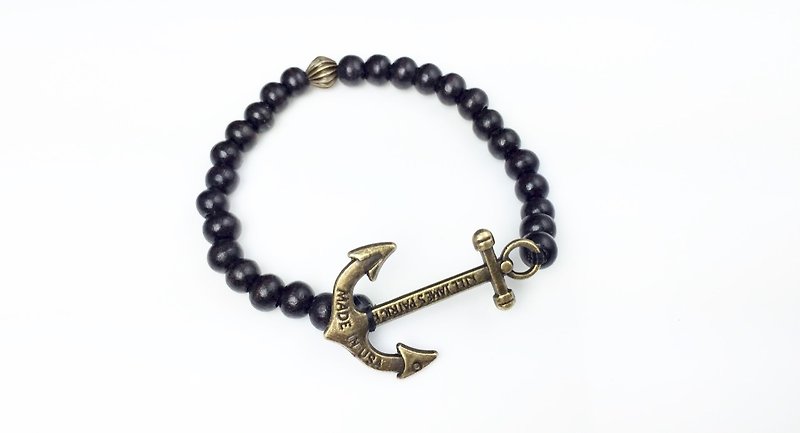 「黑木珠x 古銅船錨」 - 手鍊/手鐲 - 其他材質 黑色