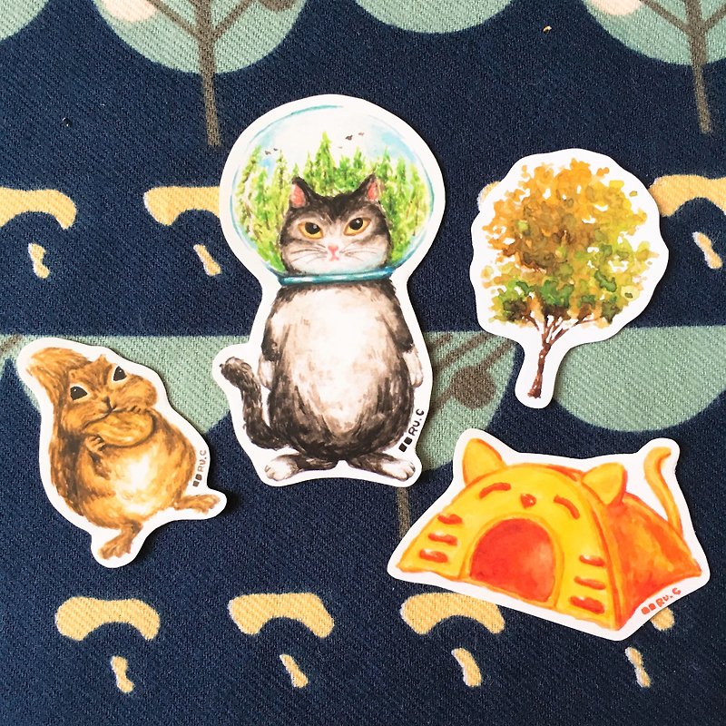 森の猫 ガラスボウルのステッカー - シール - 紙 多色