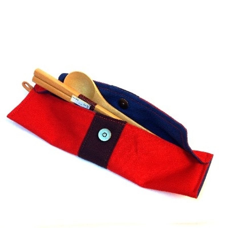 筆袋/筷套 (紅色帆布) (附木製筷子和湯匙) 接單生產* - 大湯匙/湯勺/鍋鏟 - 棉．麻 紅色