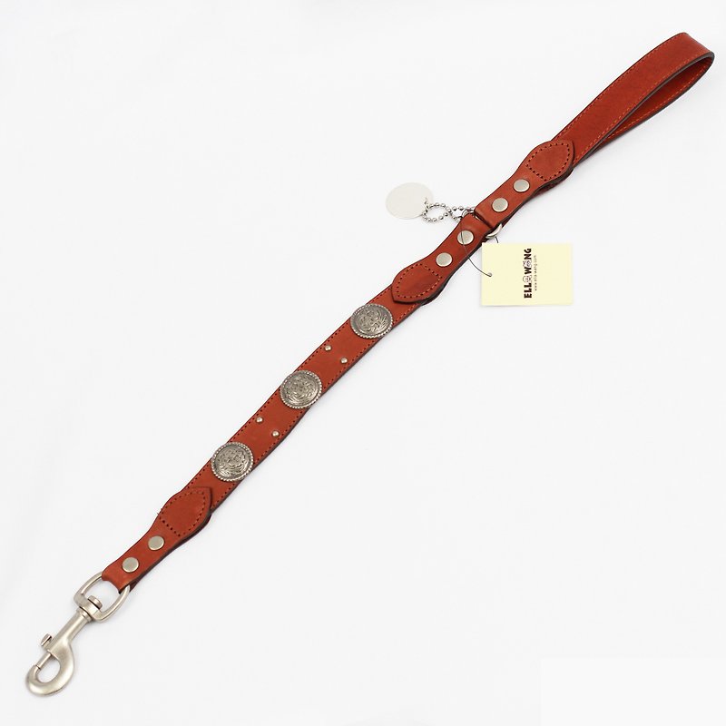 Ella Wang Design Metal Carved Round Brand Leather 60cm Short Leash-Brown (Coffee) Pet Collar - Collars & Leashes - Cotton & Hemp Brown