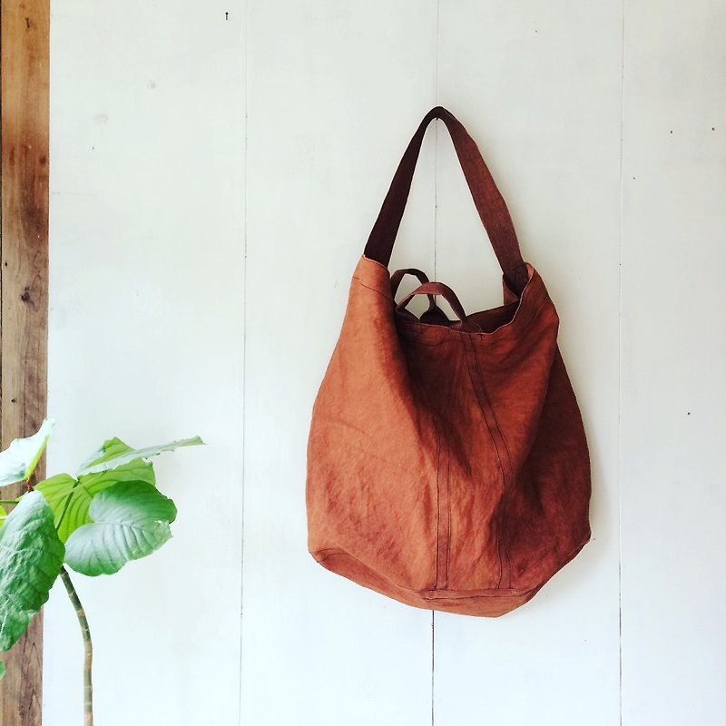Large shawl bag of persimmon juice linen - Messenger Bags & Sling Bags - Cotton & Hemp Brown