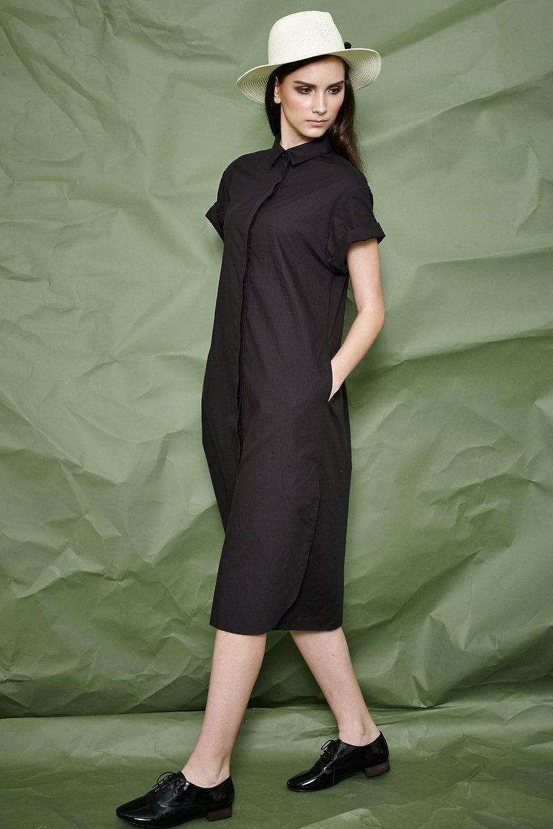 Clearance-Black Loose Long Board Shirt Dress - One Piece Dresses - Cotton & Hemp Black