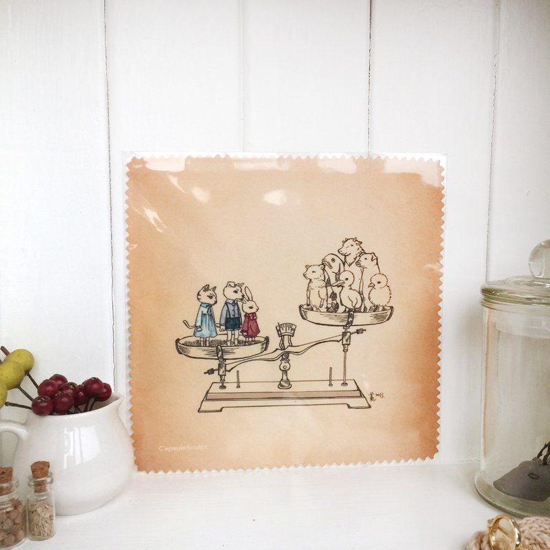 草本菟刻眼鏡布/拭鏡布「動物天秤 - 衡」 + 明信片*2 套組 - 其他 - 其他材質 卡其色