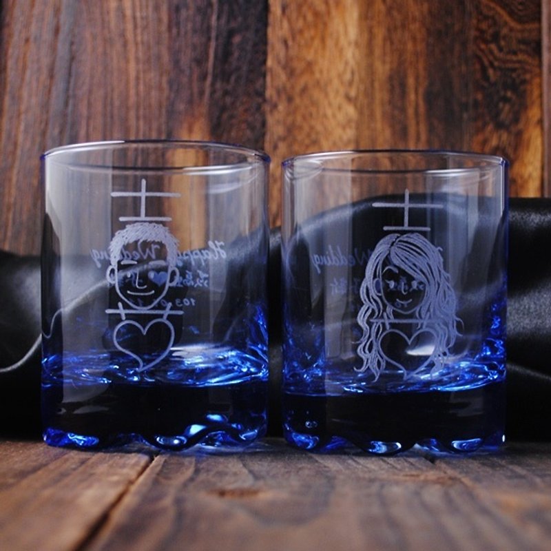 220cc [Q edition doll double happiness love wedding on Cup '(Lite) Italian Bormioli Rococo painted deep blue lettering on whiskey cup wedding was small - Customized Portraits - Glass Blue
