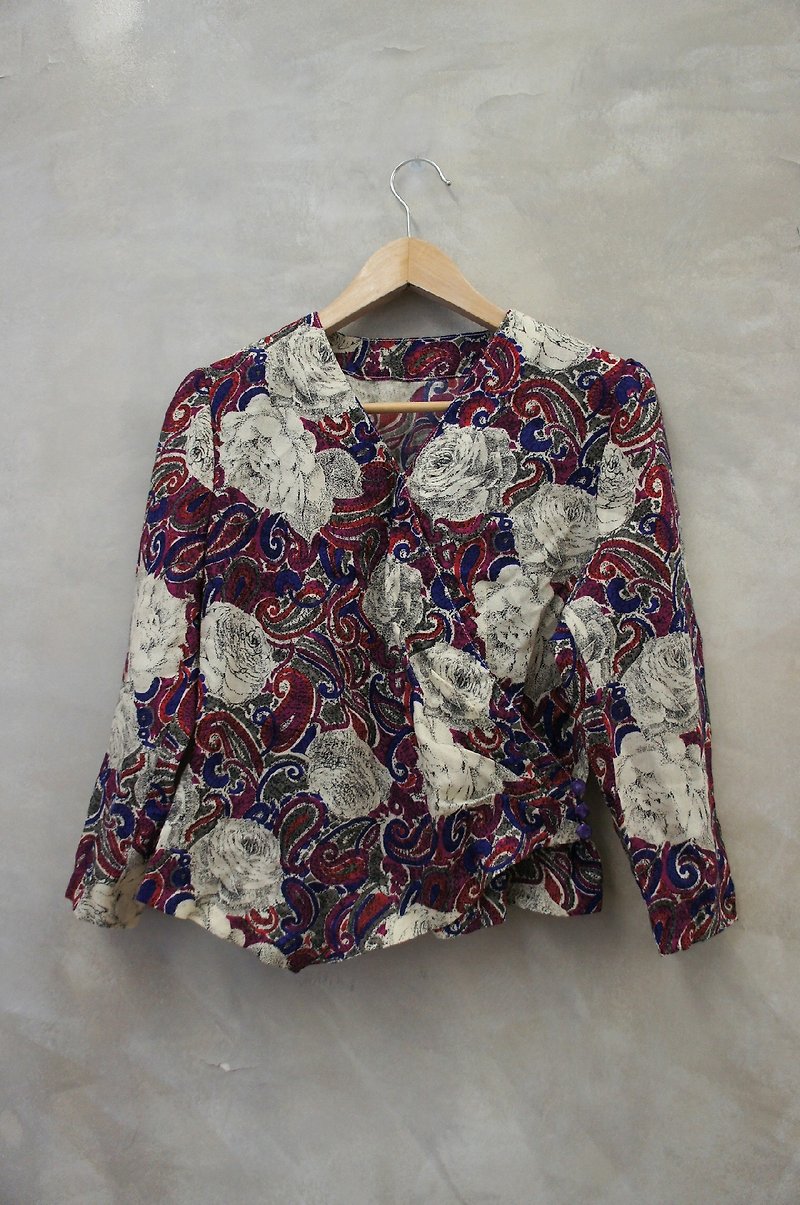 PdB vintage rose print side button cotton jacket - เสื้อเชิ้ตผู้หญิง - วัสดุอื่นๆ หลากหลายสี
