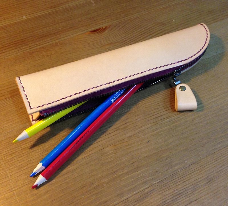 彎月皮革筆袋 // 橡木白x森林紅莓線色 - 鉛筆盒/筆袋 - 真皮 白色