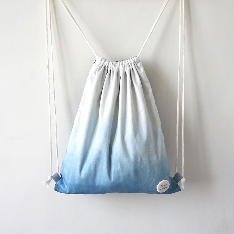 棉．麻 水桶包/束口袋 藍色 - S.A x Ocean 藍染海洋自然圖案束口包