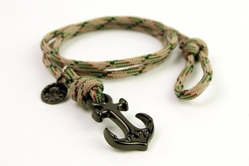 [METALIZE] Anchor with rope bracel three-loop umbrella rope bracelet-sea anchor-green camouflage (black) - Bracelets - Other Metals 