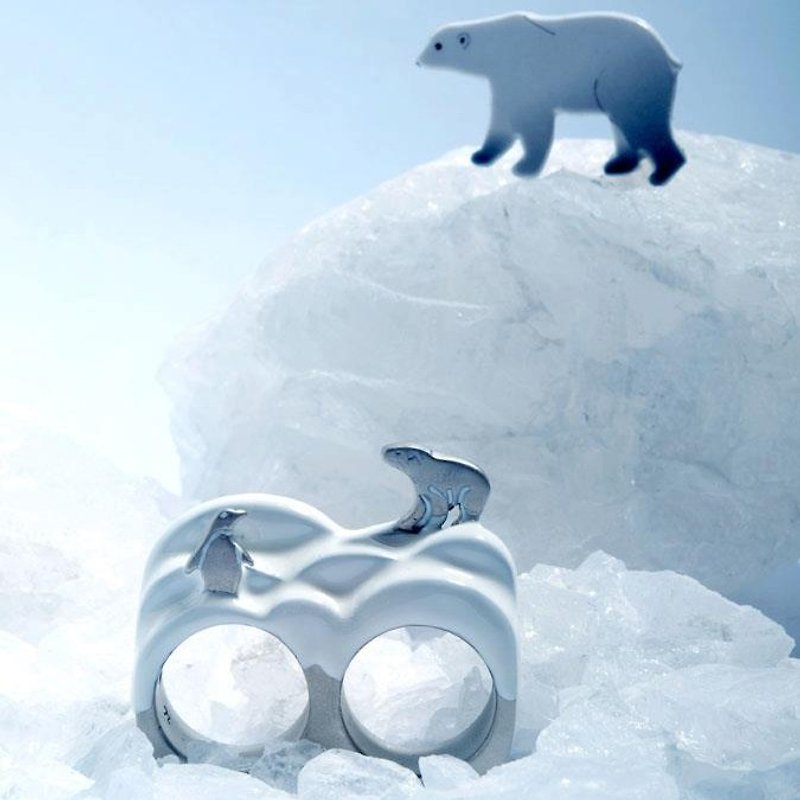北極熊和企鵝的地盤鍍銀戒指 - 戒指 - 紙 白色
