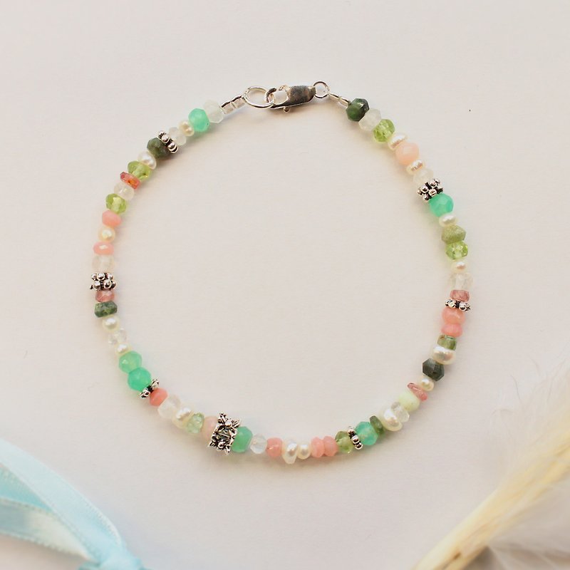 Journal Flower Border/ Moonstone, Pink Protein, Pearl, Australian Jade, Sterling Silver Bracelet Bracelet - Bracelets - Other Materials Multicolor