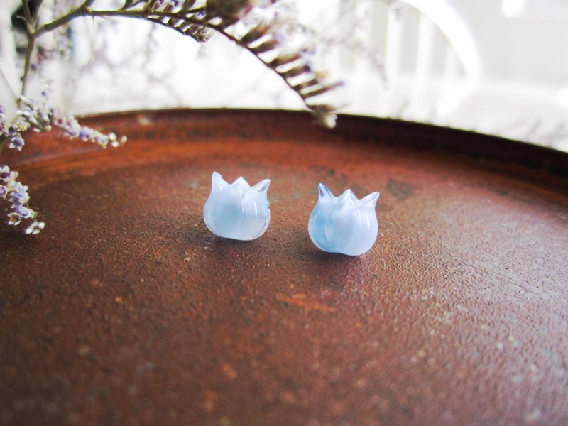 〆 antique wood earrings _ Dutch Blue Tulips - ต่างหู - แก้ว สีน้ำเงิน