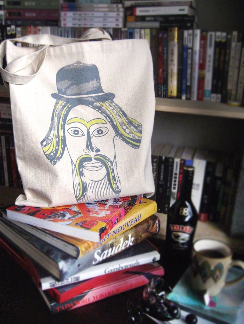 Gentleman Ma'pin beard / yellow organic cotton hand-printed Tote - กระเป๋าแมสเซนเจอร์ - ผ้าฝ้าย/ผ้าลินิน ขาว