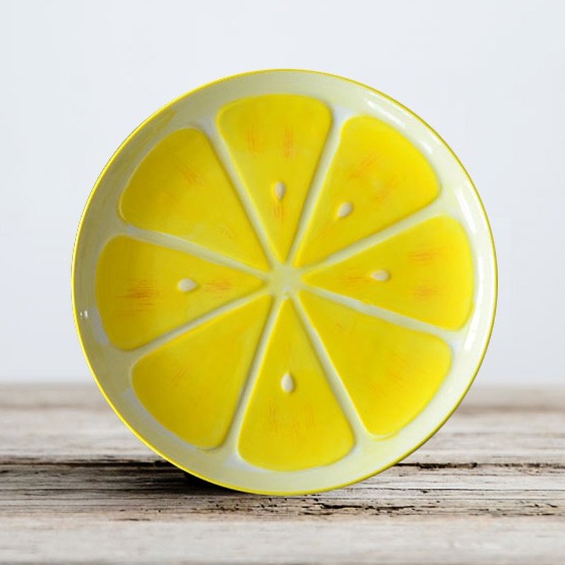 20.5cm [MSA glazed tableware] daily ceramic disc ceramic sculpture yellow lemon lime fruit plate - จานเล็ก - วัสดุอื่นๆ สีเหลือง