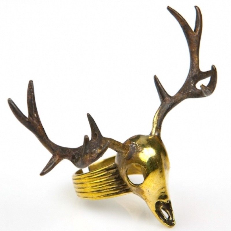 Stag skull Ring in brass color ,Rocker jewelry ,Skull jewelry,Biker jewelry - แหวนทั่วไป - โลหะ 