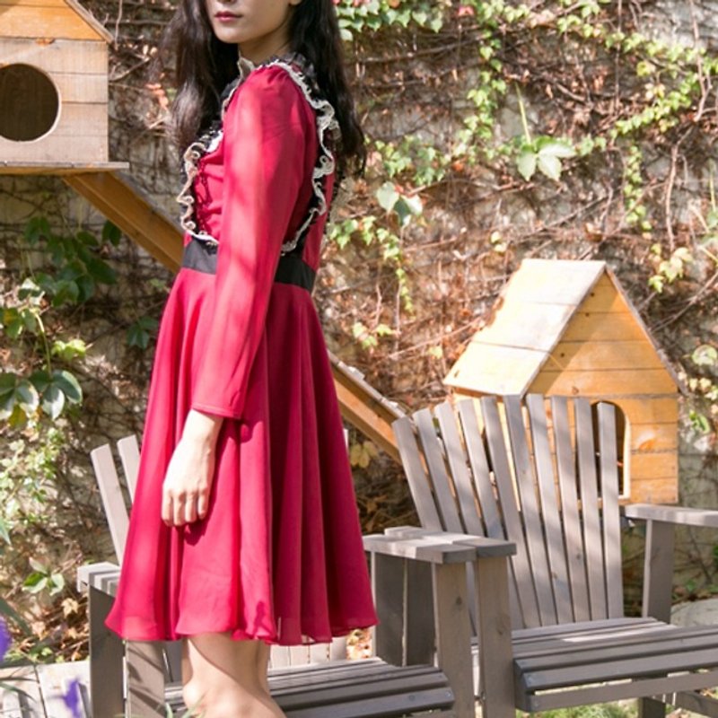 馬克裝扮文青風 雪紡木耳蕾絲縮腰長袖洋裝 - 洋裝/連身裙 - 其他材質 紅色