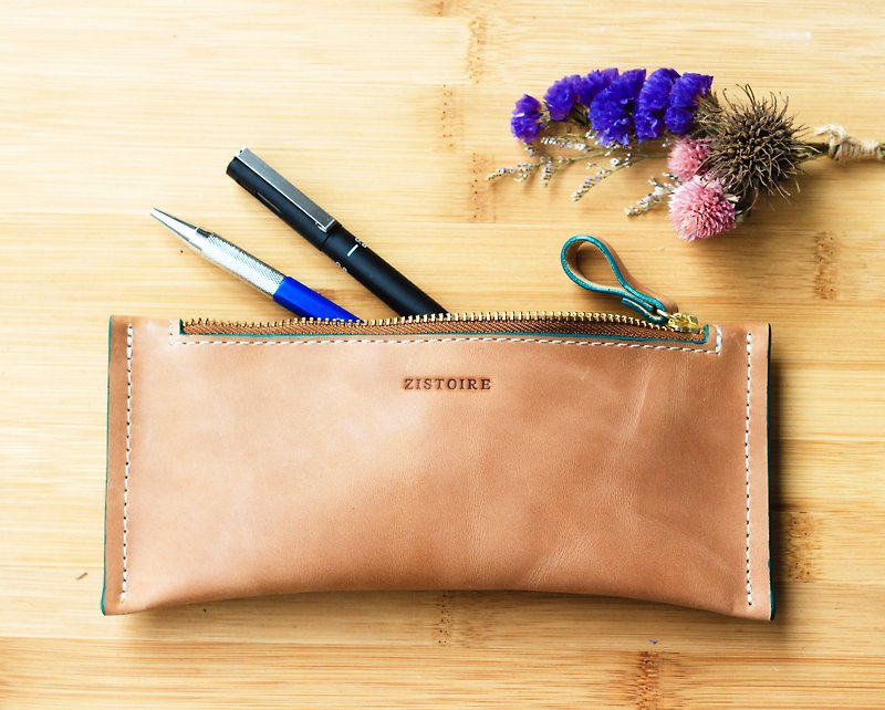 [Zipper pencil / long zipper bags of small objects] ZiBAG-022 / tea colors (blue and green oil side) - Pencil Cases - Genuine Leather 