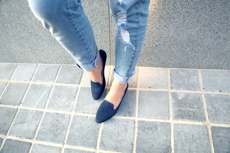 Denim Blue (Classic Blue) Heeled Loafers Denim Loafers | WL - รองเท้าอ็อกฟอร์ดผู้หญิง - หนังแท้ สีน้ำเงิน