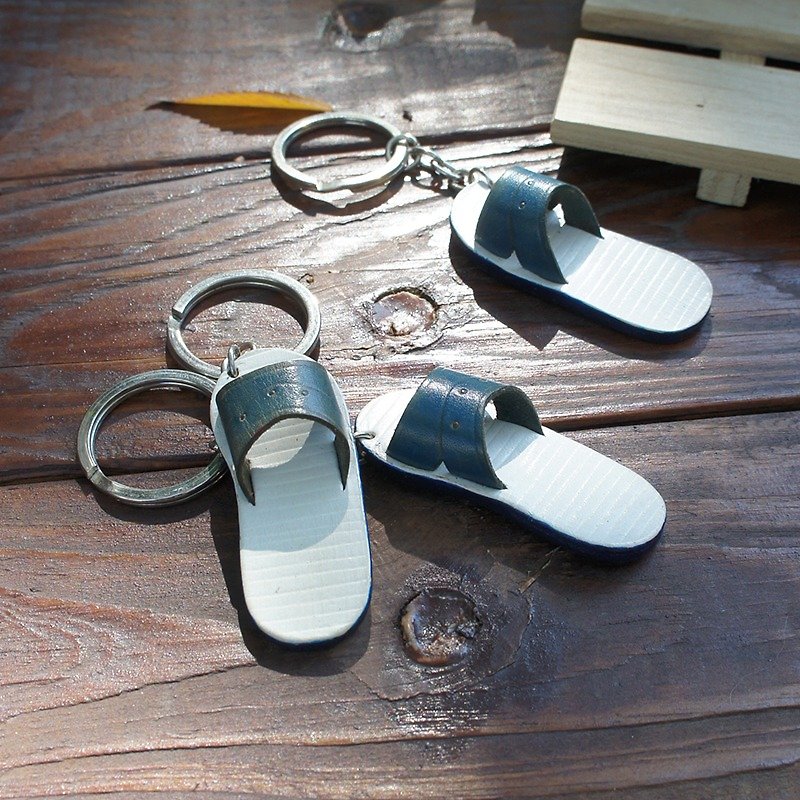 Good day} leather blue and white slippers_key ring - Keychains - Genuine Leather Multicolor