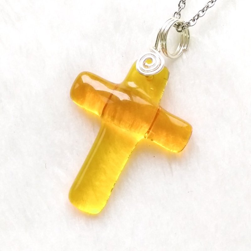 Colored glass cross necklace - bright yellow - สร้อยคอ - แก้ว สีเหลือง