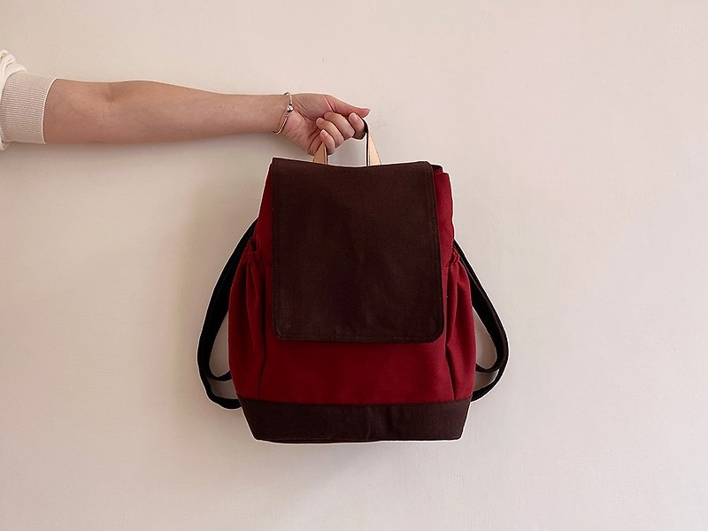 Handmade coffee X dark red cotton cloth embellished with leather back backpack - กระเป๋าเป้สะพายหลัง - ผ้าฝ้าย/ผ้าลินิน สีแดง