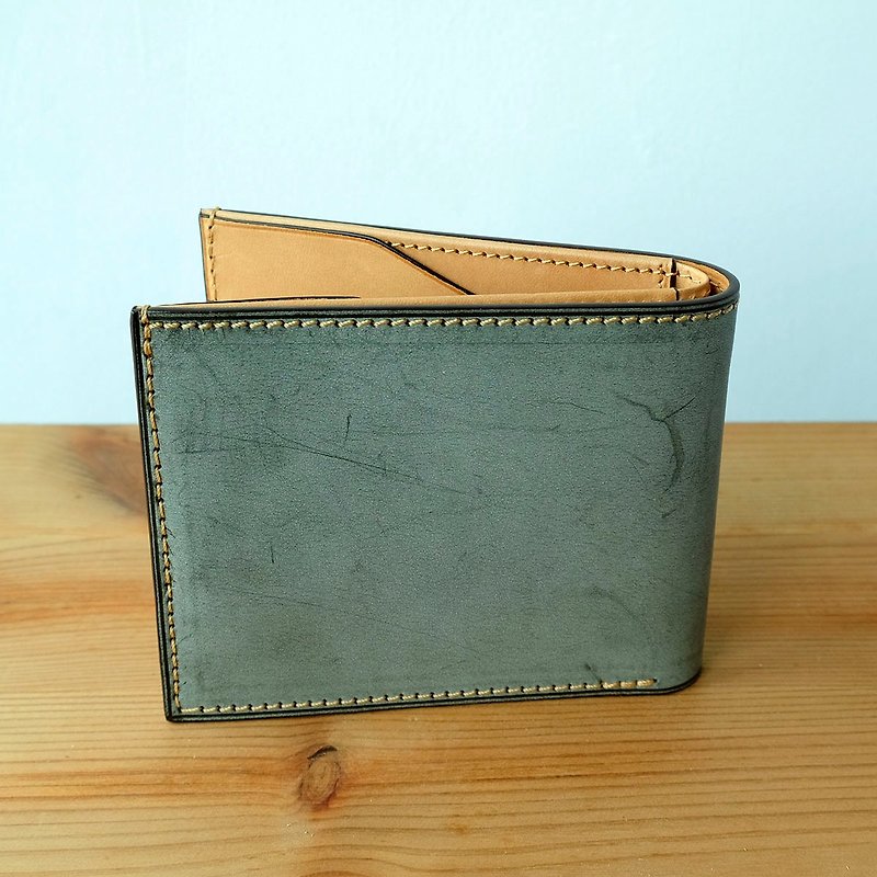 หนังแท้ กระเป๋าสตางค์ สีเขียว - isni [Olive green short wallet] green color handamde wax leahter design/free imprint