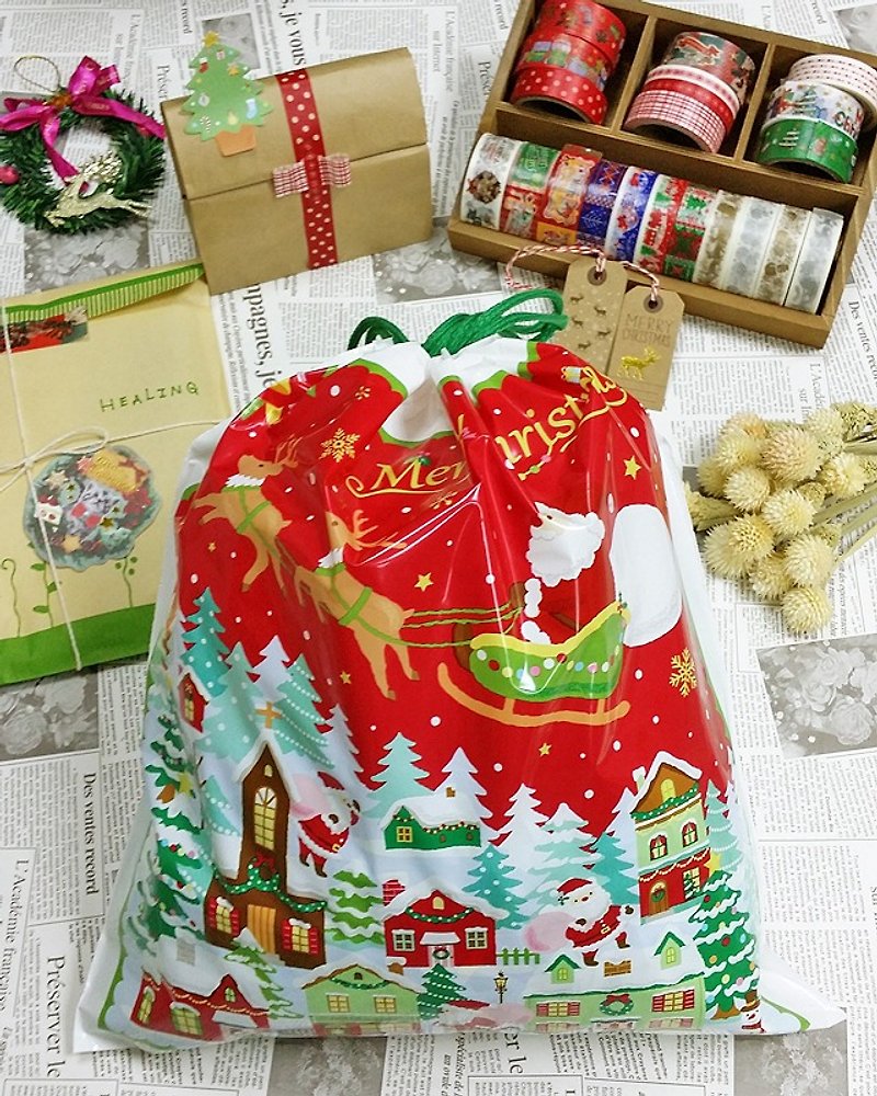 日本 amifa Xmas 聖誕禮物袋.束口袋【平安夜(28669)】 - วัสดุห่อของขวัญ - พลาสติก สีแดง