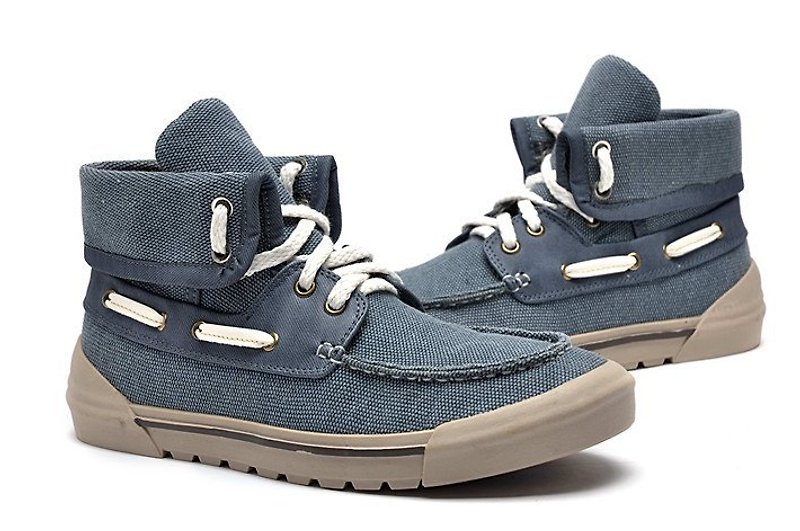 翻折兩穿設計 帆布拼接帆船鞋 藍 (當日出貨) - Men's Casual Shoes - Cotton & Hemp Blue