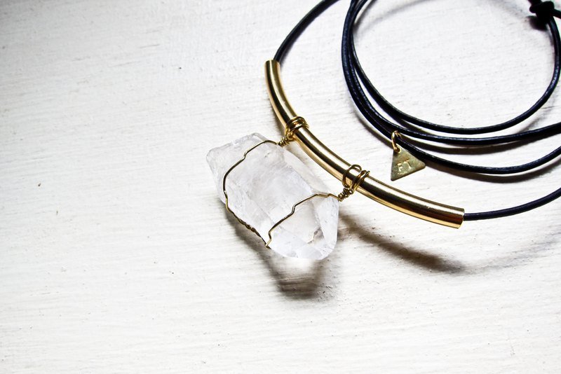 鋯石/裸礦長項鍊 /皮繩/ statement necklace - 項鍊 - 寶石 金色