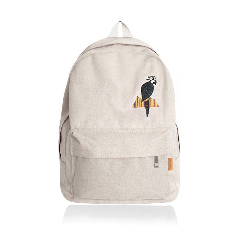 繡線 後背包/書包 白色 - 【最後一個】養一隻鸚鵡先生／米灰色帆布背包