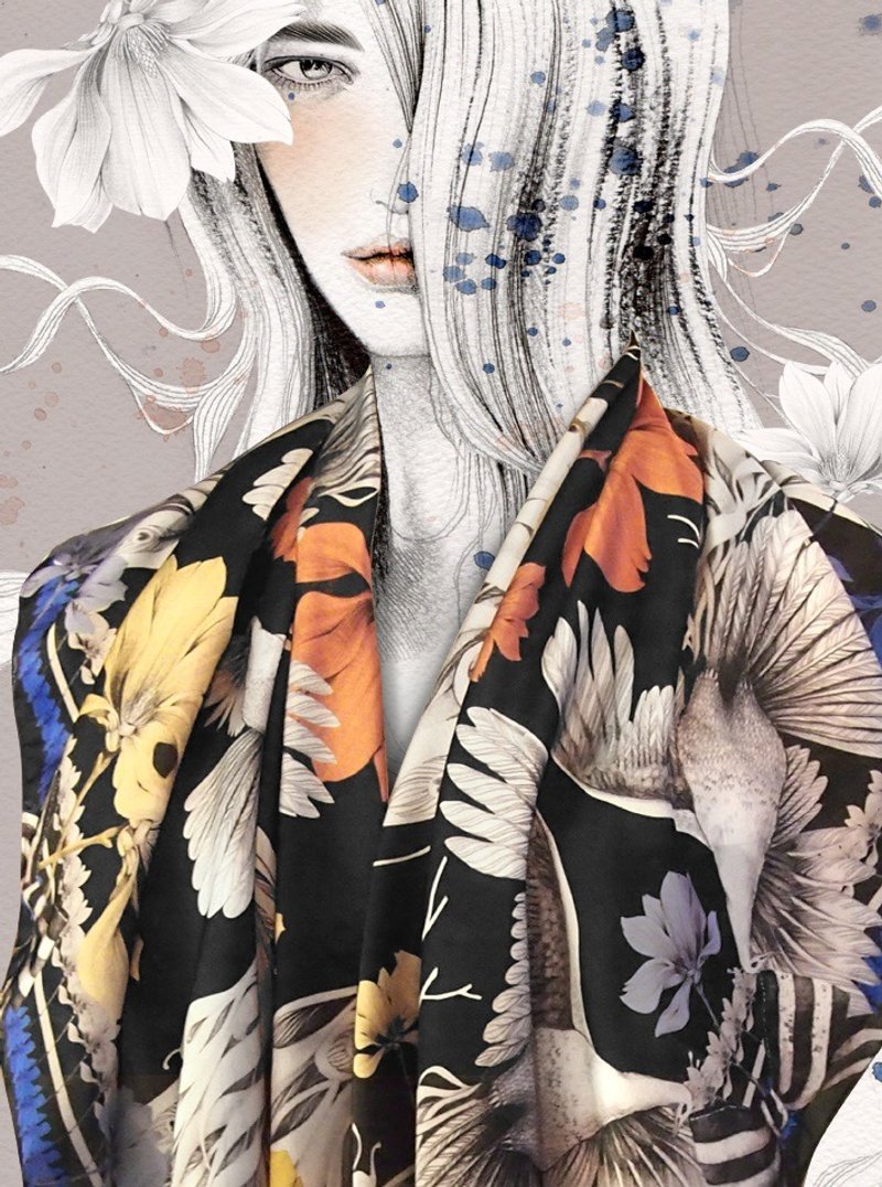 [Me&A Cup of Hot Chocolate] The White Peacock–Black/ 白孔雀 – 黑 - 絲巾 - 絲．絹 多色