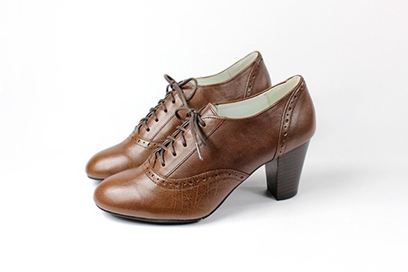 Coffee oxford vintage bare boots - รองเท้าอ็อกฟอร์ดผู้หญิง - หนังแท้ สีนำ้ตาล