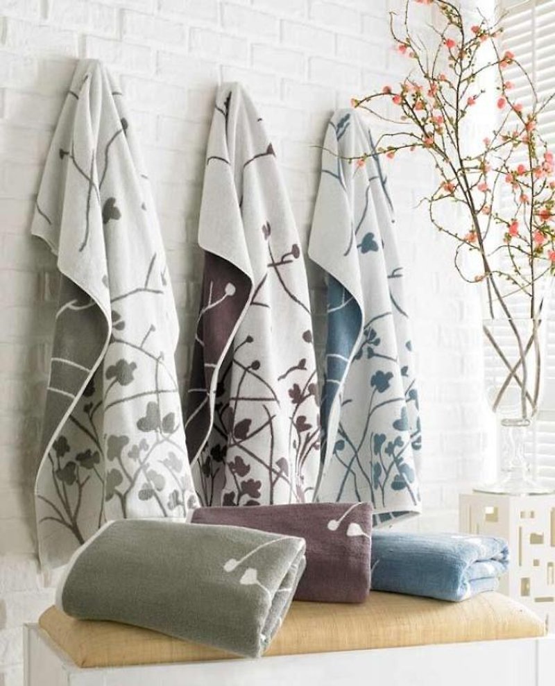 ผ้าฝ้าย/ผ้าลินิน ผ้าขนหนู สีเทา - Cherry Blossom Cotton Bath Towel-Two-piece Set