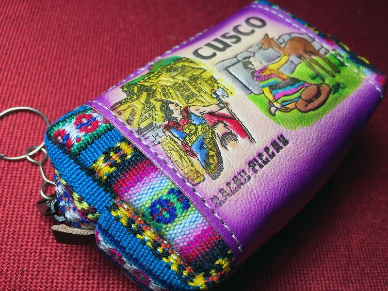 祕魯織布拼接手染真皮立體零錢包-紫 - 長短皮夾/錢包 - 其他材質 紫色