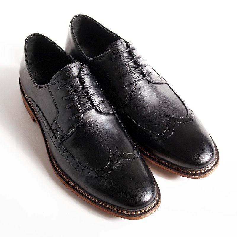 Hand-painted calfskin wooden heel wing pattern derby shoes-black-B1A16-99 - รองเท้าหนังผู้ชาย - หนังแท้ สีดำ