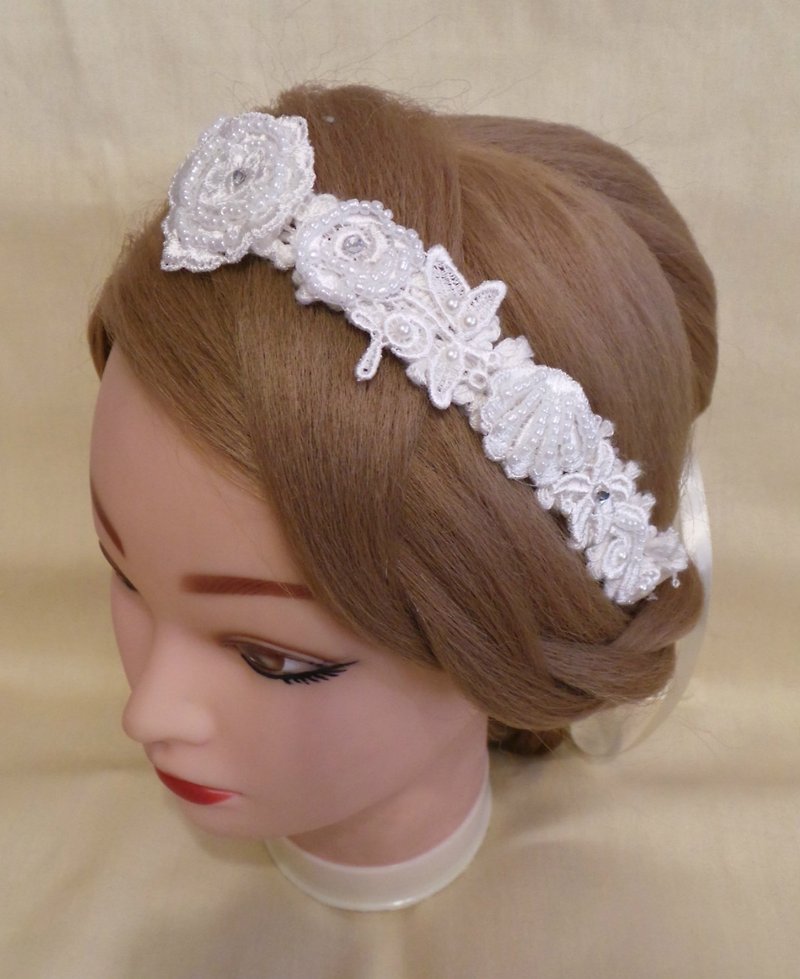 法式花浪漫蕾絲髮帶(花.蝴蝶與貝殼) - 髮飾 - 其他材質 白色
