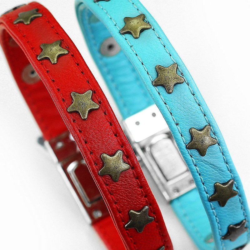 [Leather rope] Rock star leather leather collar ((send lettering)) - Collars & Leashes - Genuine Leather Blue