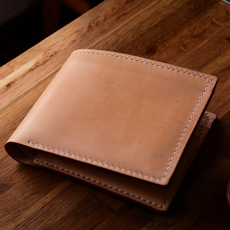 Two-fold horizontal Japanese handmade natural color vegetable tanned leather short wealth cloth cowhide wallet wallet can be dyed - กระเป๋าสตางค์ - หนังแท้ สีนำ้ตาล