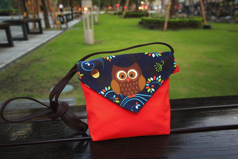 Pu. Leimi Japanese hand-made shoulder bag / messenger bag playful owl (cloth out of print, limited edition merchandise last one) - กระเป๋าแมสเซนเจอร์ - วัสดุอื่นๆ สีส้ม