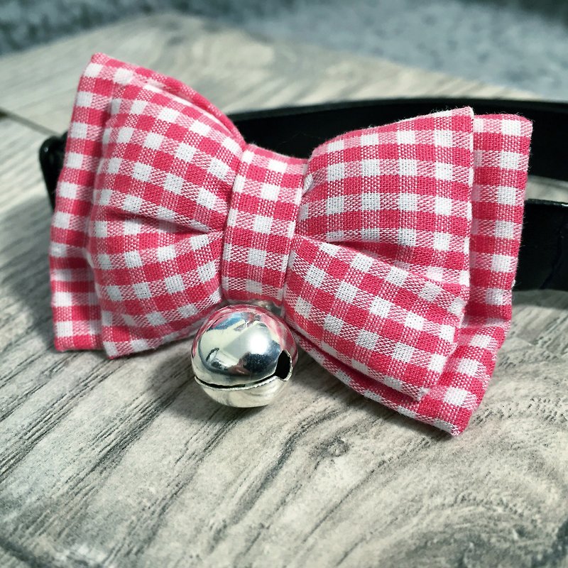 Pink small white plaid bow pet collar dog cat S size - Collars & Leashes - Other Materials Multicolor